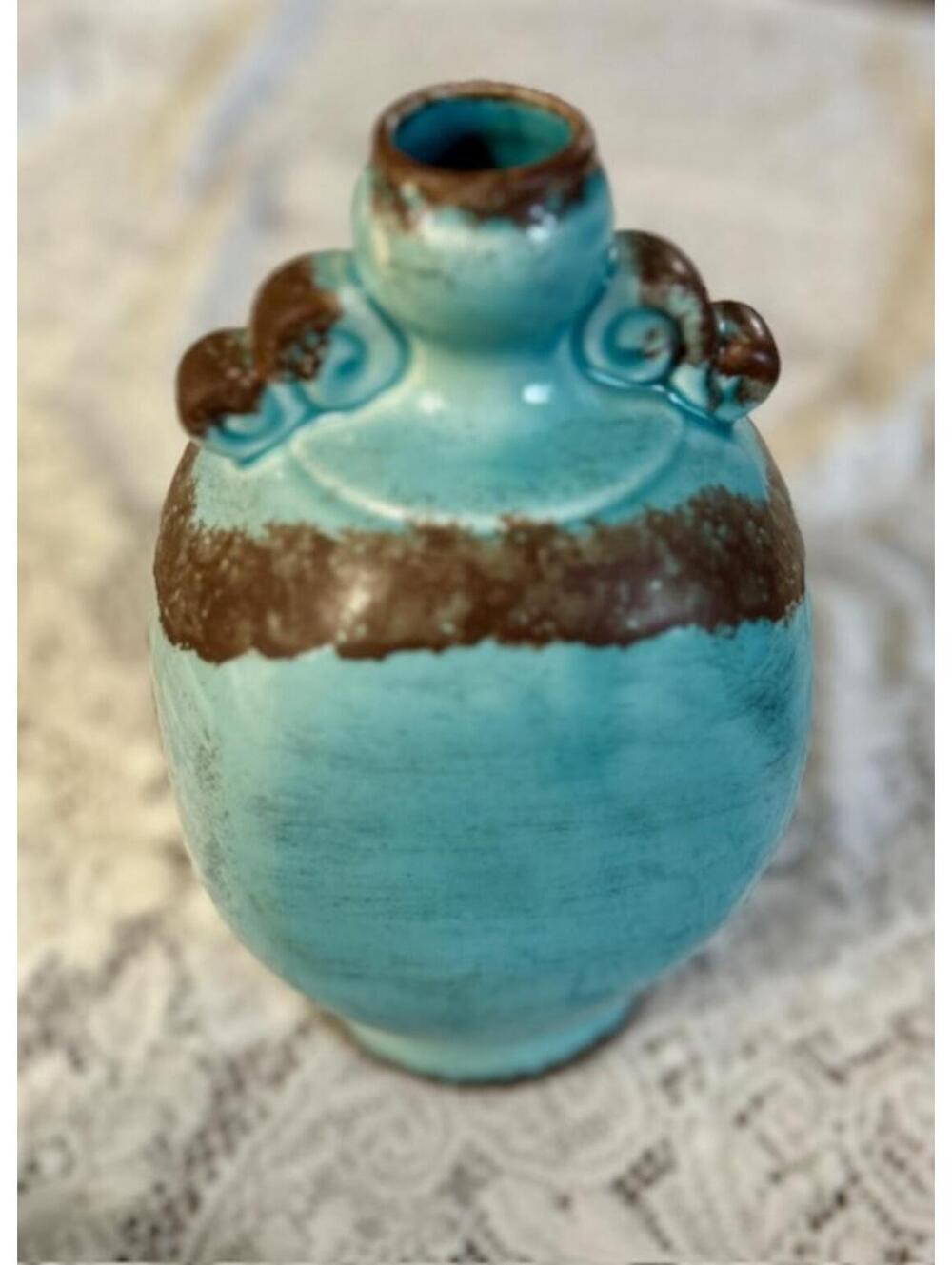 Vintage Turquoise and Brown Ceramic Vase with Decorative Accents from Italy